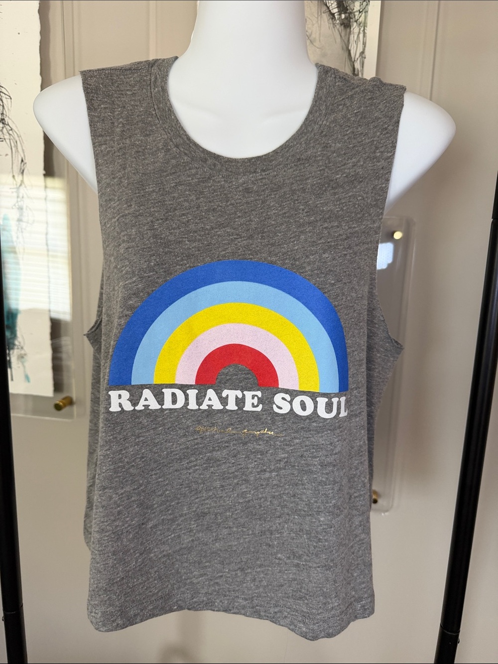 Soul Cycle x Spiritual Gangster - Gray Muscle Tee with Rainbow Graphic
